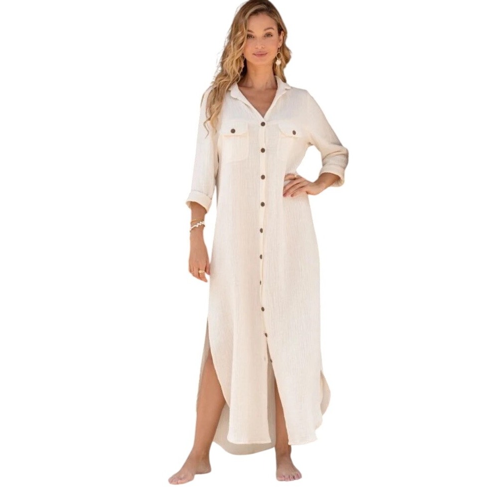 Nomad The Label Cream Linen Cotton Gauze Maxi Shirt Dress UK 16 US 12